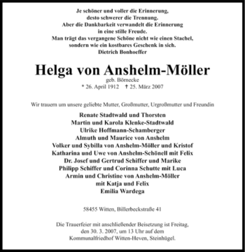 Traueranzeige von Helga von Anshelm-Möller von Tageszeitung