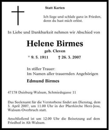 Traueranzeige von Helene Birmes von Tageszeitung