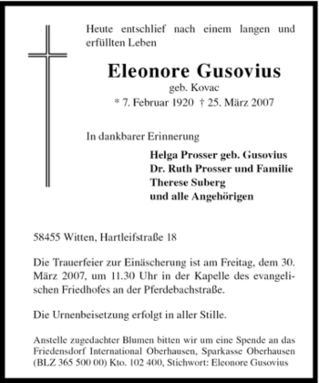 Traueranzeige von Eleonore Gusovius von Tageszeitung