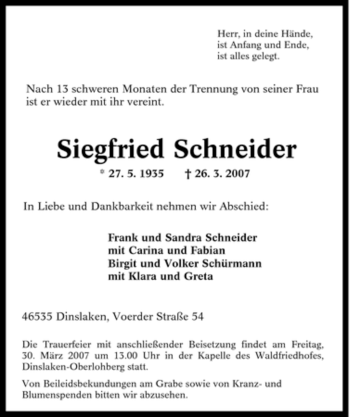Traueranzeige von Siegfried Schneider von Tageszeitung
