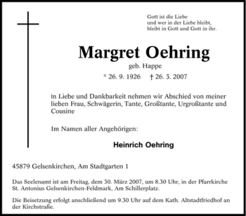 Traueranzeige von Margret Oehring von Tageszeitung