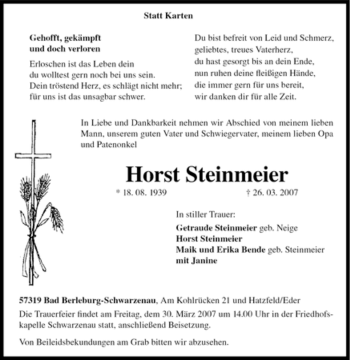 Traueranzeige von Horst Steinmeier von Tageszeitung