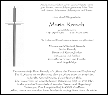 Traueranzeige von Maria Krosch von Tageszeitung