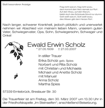 Traueranzeige von Ewald Erwin Scholz von Tageszeitung
