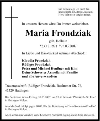Traueranzeige von Maria Frondziak von Tageszeitung