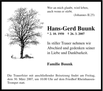 Traueranzeige von Hans-Gerd Buunk von Tageszeitung