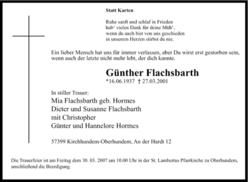 Traueranzeige von Günther Flachsbarth von Tageszeitung