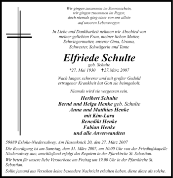 Traueranzeige von Elfriede Schulte von Tageszeitung