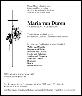 Traueranzeige von Maria von Düren von Tageszeitung