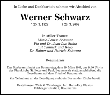 Traueranzeige von Werner Schwarz von Tageszeitung