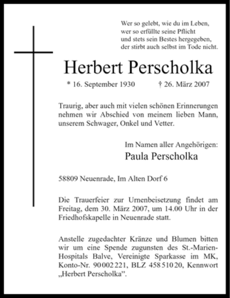  Traueranzeige für Herbert Perscholka vom 28.03.2007 aus Tageszeitung