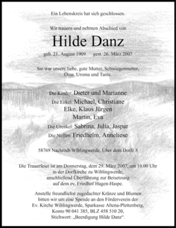 Traueranzeige von Hilde Danz von Tageszeitung