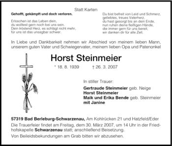 Traueranzeige von Horst Steinmeier von Tageszeitung