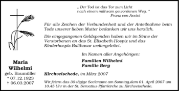 Traueranzeige von Maria Wilhelmi von Tageszeitung
