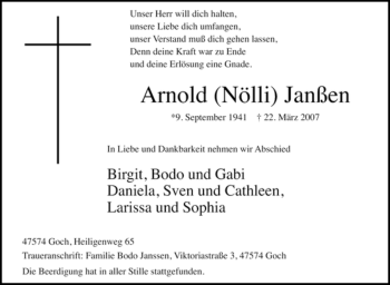 Traueranzeige von Arnold Janßen von Tageszeitung
