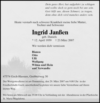 Traueranzeige von Ingrid Janßen von Tageszeitung