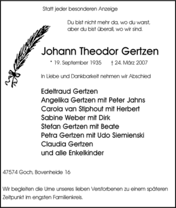 Traueranzeige von Johann Theodor Gertzen von Tageszeitung