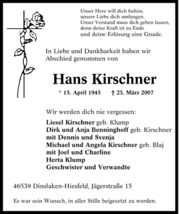 Traueranzeige von Hans Kirschner von Tageszeitung