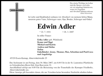 Traueranzeige von Edwin Adler von Tageszeitung