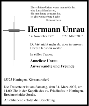 Traueranzeige von Hermann Unrau von Tageszeitung