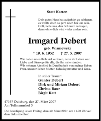 Traueranzeige von Irmgard Debert von Tageszeitung