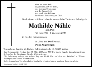 Traueranzeige von Mathilde Nähle von Tageszeitung