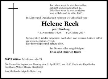 Traueranzeige von Helene Reck von Tageszeitung