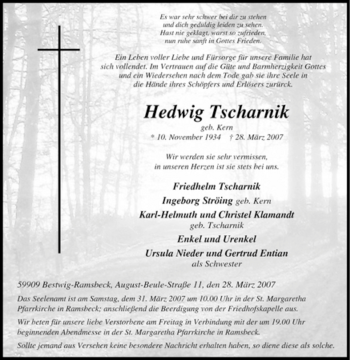 Traueranzeige von Hedwig Tscharnik von Tageszeitung