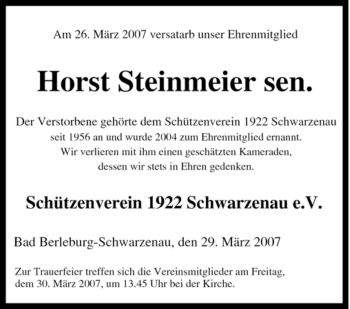 Traueranzeige von Horst Steinmeier von Tageszeitung
