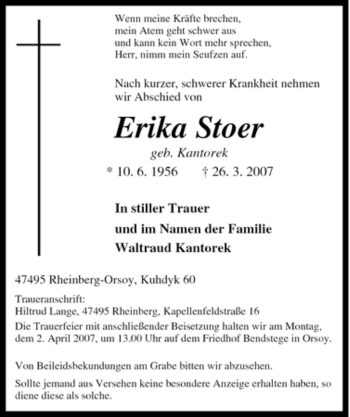 Traueranzeige von Erika Stoer von Tageszeitung