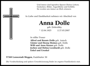 Traueranzeige von Anna Dolle von Tageszeitung