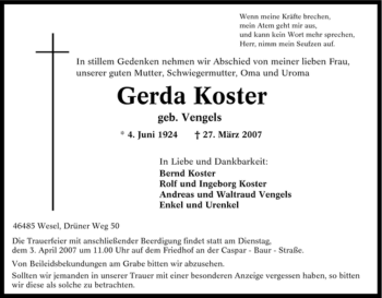 Traueranzeige von Gerda Koster von Tageszeitung