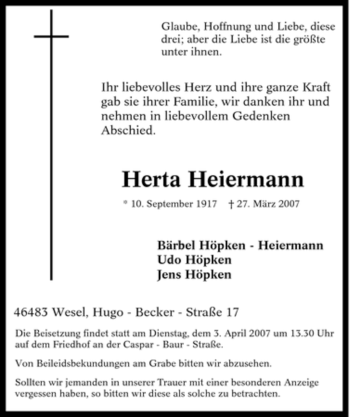 Traueranzeige von Herta Heiermann von Tageszeitung