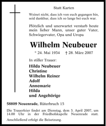 Traueranzeige von Wilhelm Neubeuer von Tageszeitung