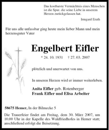 Traueranzeige von Engelbert Eifler von Tageszeitung