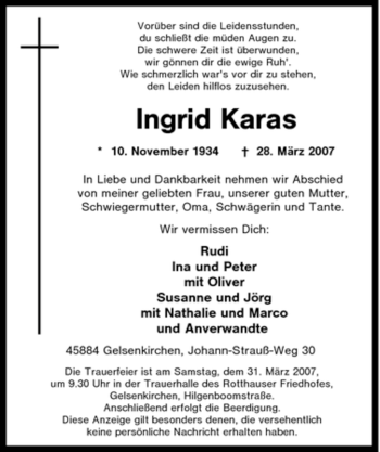 Traueranzeige von Ingrid Karas von Tageszeitung
