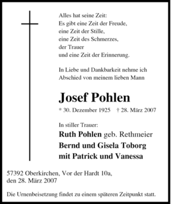 Traueranzeige von Josef Pohlen von Tageszeitung