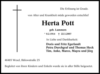 Traueranzeige von Herta Pott von Tageszeitung