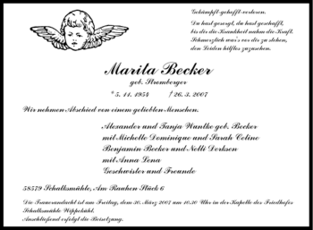 Traueranzeige von Marita Becker von Tageszeitung
