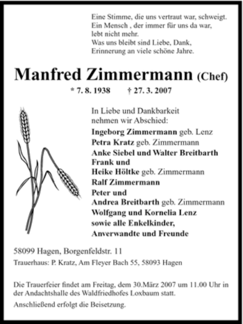 Traueranzeige von Manfred Zimmermann von Tageszeitung