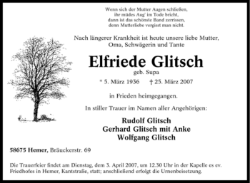 Traueranzeige von Elfriede Glitsch von Tageszeitung