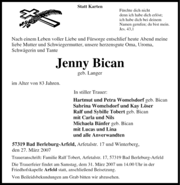 Traueranzeige von Jenny Bican von Tageszeitung