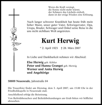 Traueranzeige von Kurt Herwig von Tageszeitung