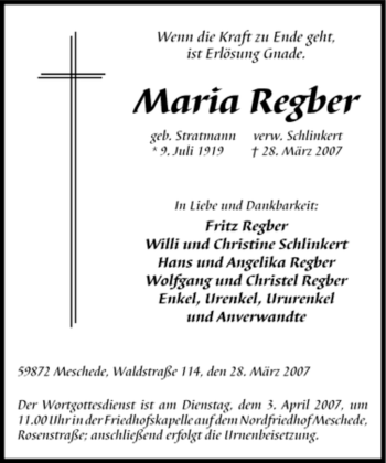 Traueranzeige von Maria Regber von Tageszeitung