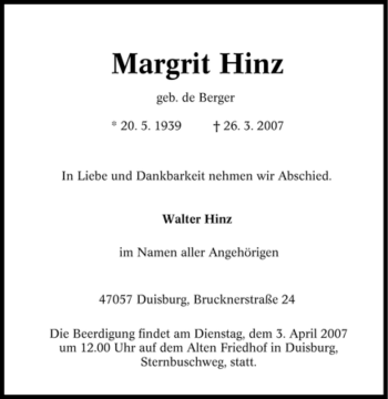 Traueranzeige von Margrit Hinz von Tageszeitung