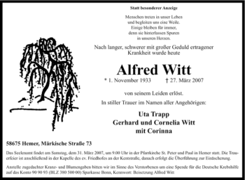 Traueranzeige von Alfred Witt von Tageszeitung