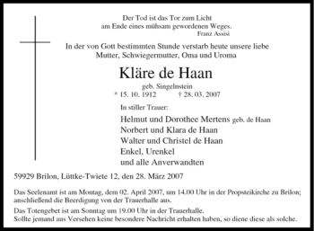 Traueranzeige von Kläre de Haan von Tageszeitung