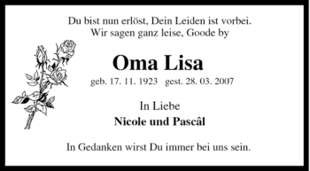 Traueranzeige von Oma Lisa von Tageszeitung