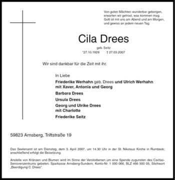 Traueranzeige von Cila Drees von Tageszeitung