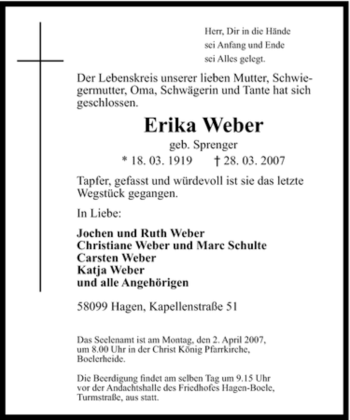 Traueranzeige von Erika Weber von Tageszeitung
